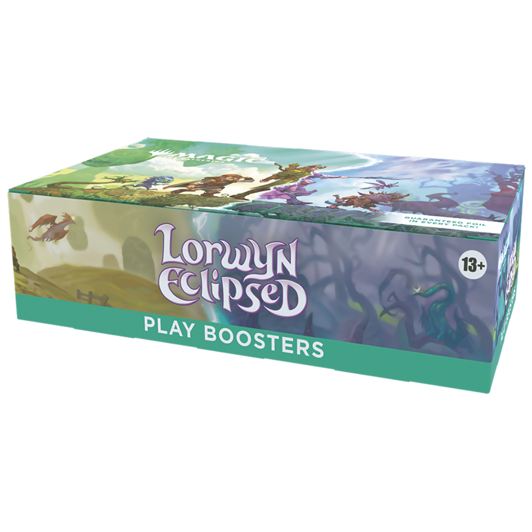 The Magic: The Gathering Lorwyn Eclipsed Play Booster Box, featuring key art of Ashling and the dual suns/moons of the plane.