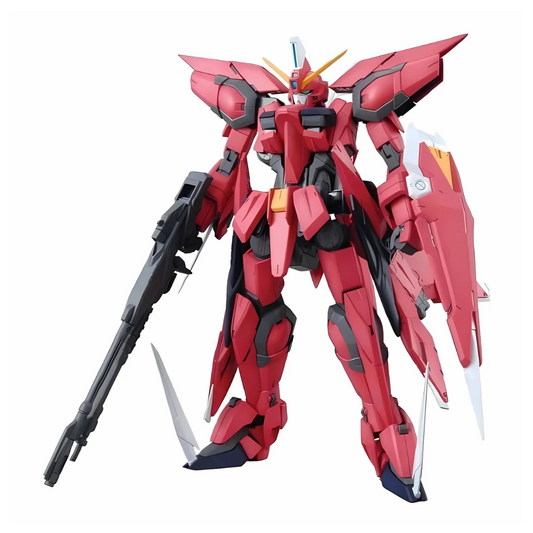 Bandai MG 1/100 Aegis Gundam model kit fully built in Mobile Suit mode with beam rifle drawn
