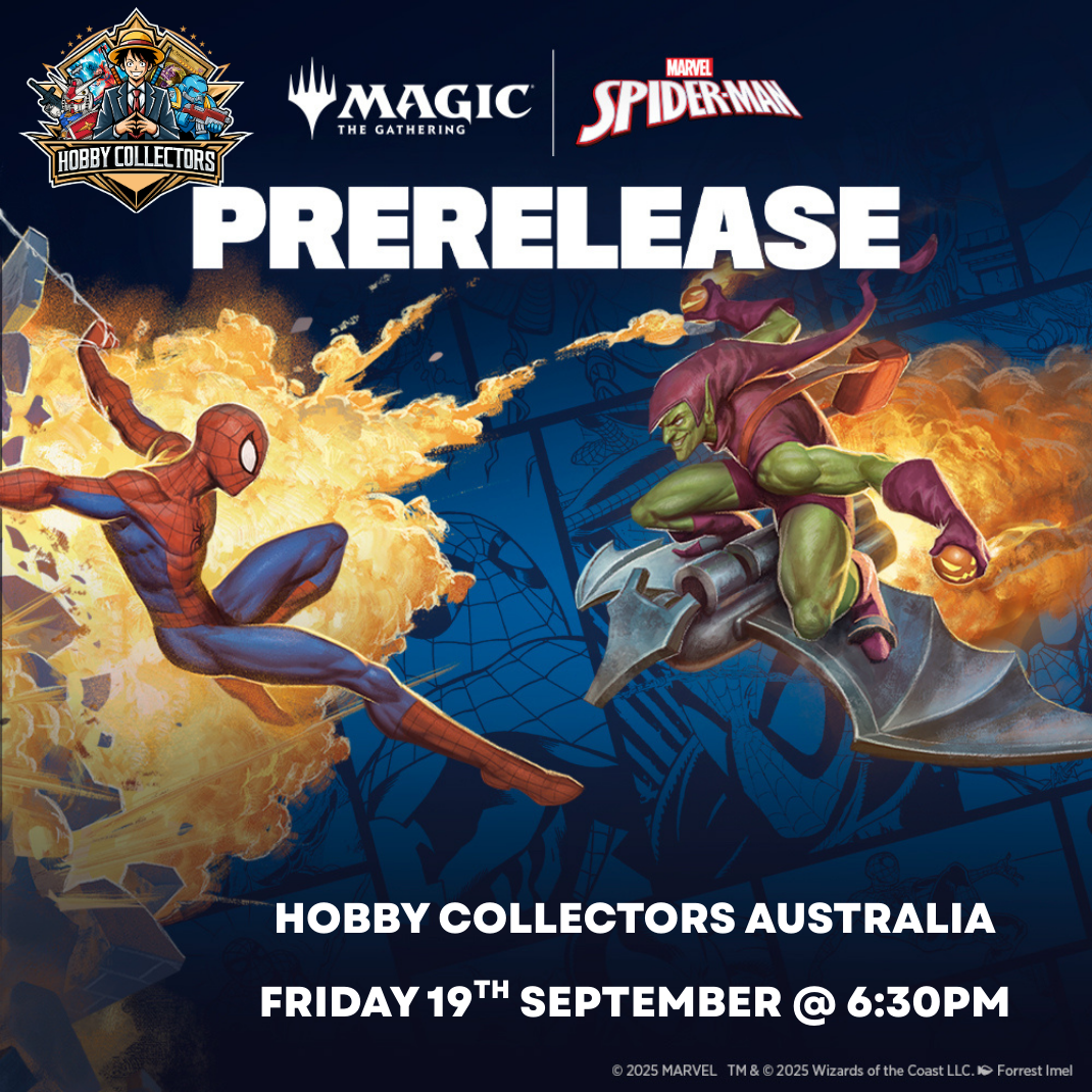 Magic: The Gathering – Spider-Man prerelease event promotional banner at Hobby Collectors Australia on 19th September 2025.