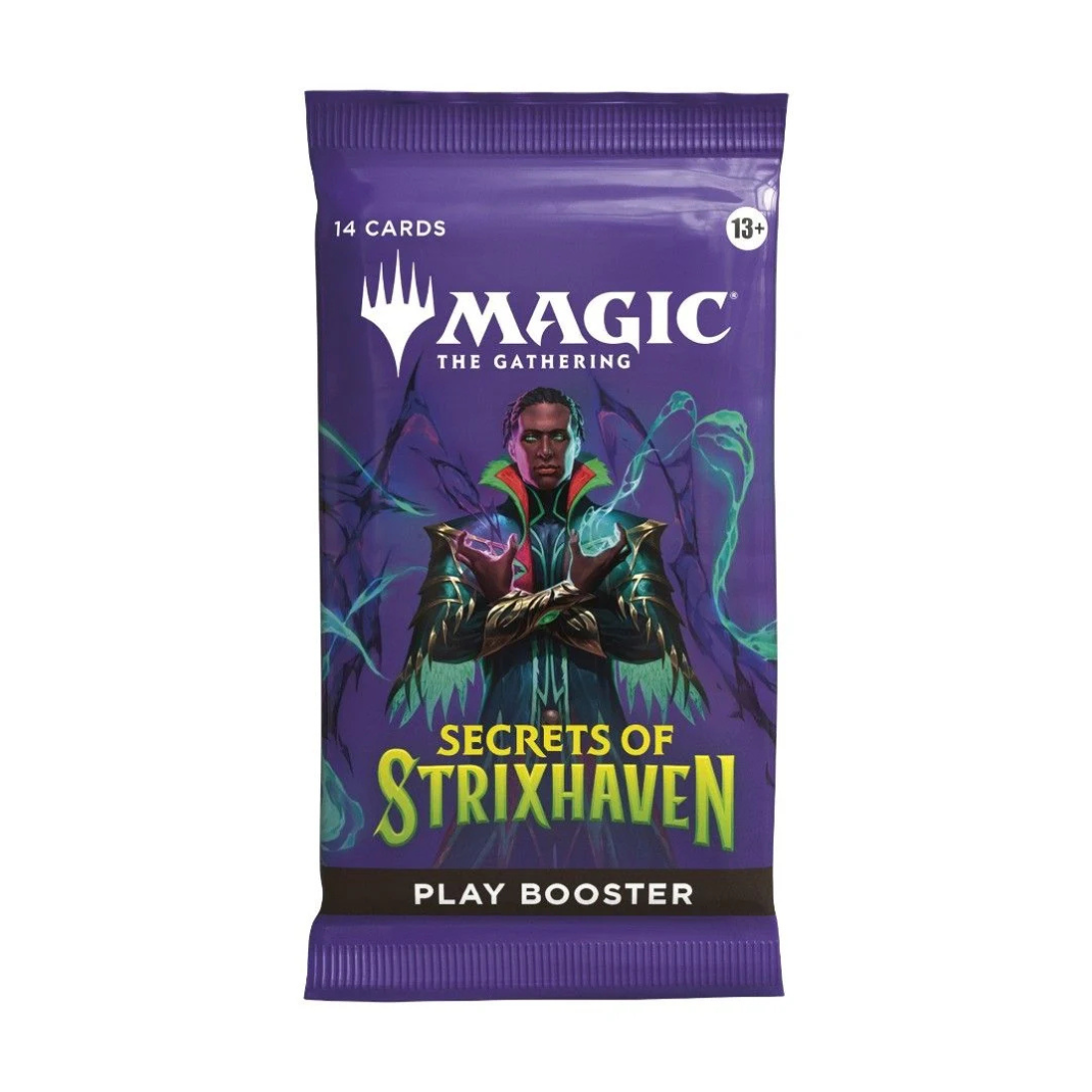 Purple 'Magic: The Gathering' booster pack for 'Secrets of Strixhaven' on a white background