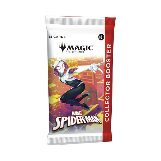 Magic: The Gathering Spider-Man Collector Booster Display box featuring premium MTG Marvel crossover cards with exclusive foils and Spider-Man artwork.