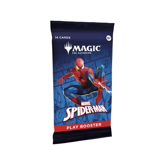 Spider-Man themed Magic: The Gathering play booster pack on a white background