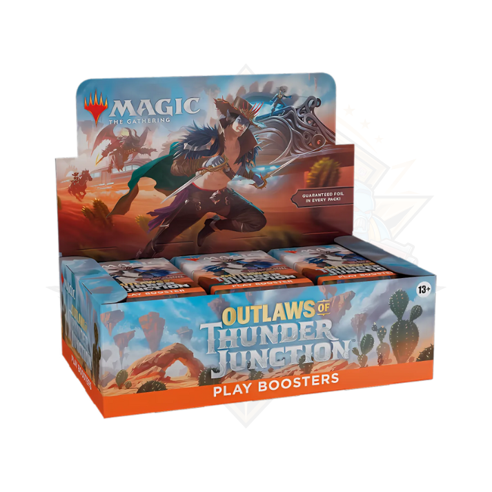 Magic The Gathering Outlaws of Thunder Junction Play Booster display box with fantasy artwork