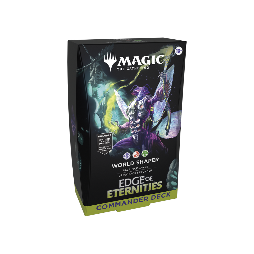 Magic: The Gathering Edge of Eternities Commander Deck – World Shaper box with 100 cards, tokens, foil Commander, and deck box.