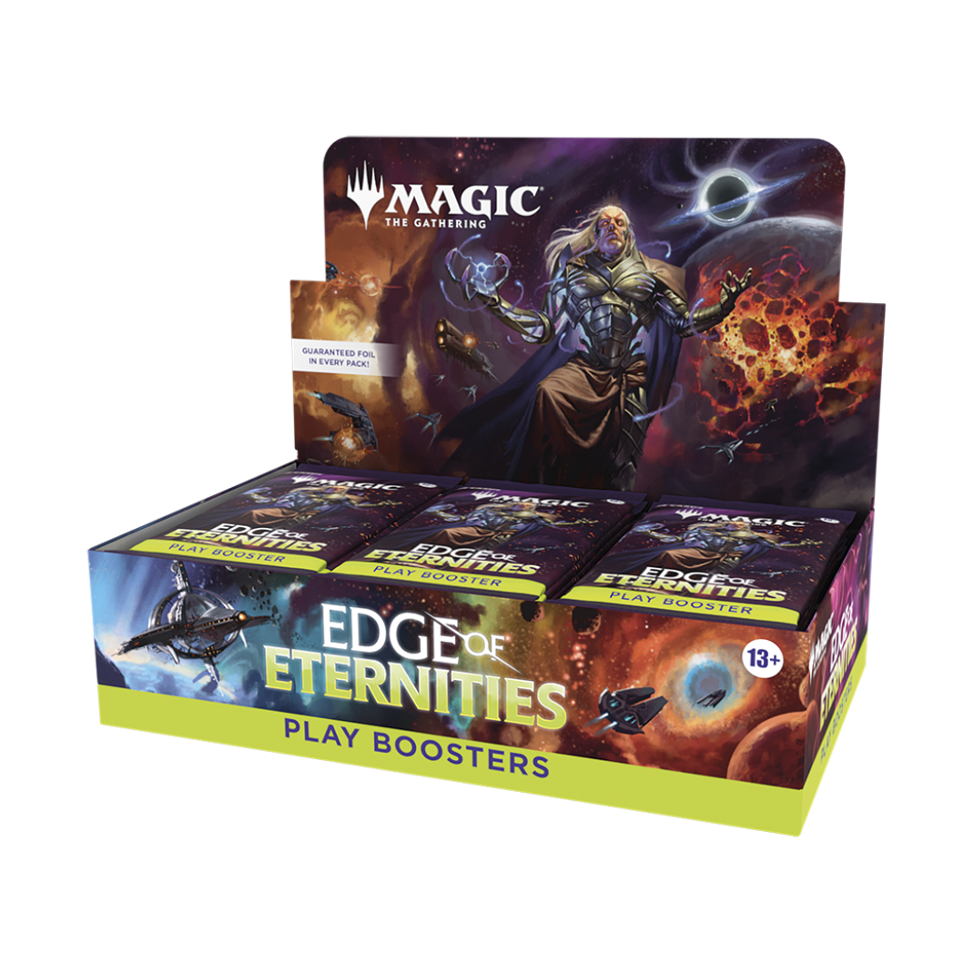Display of 'Edge of Eternities' play boosters from 'Magic: The Gathering' on a white background.