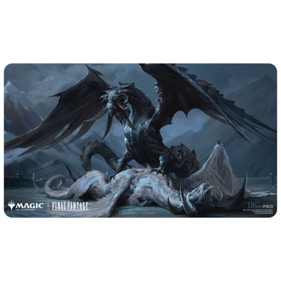 A premium Magic: The Gathering playmat featuring the Crux of Fate artwork from the Final Fantasy collection, showing a dramatic dragon showdown.