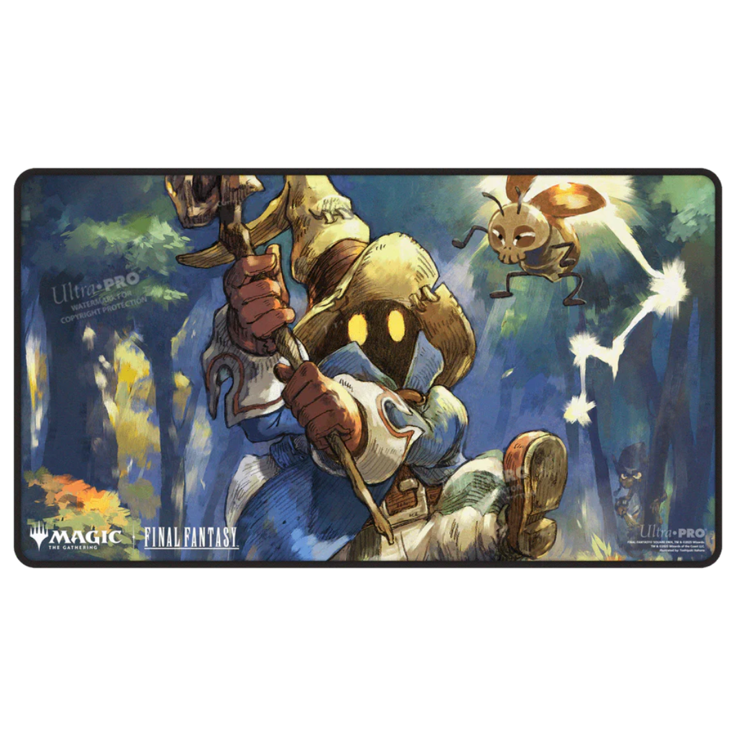 A premium Magic: The Gathering playmat featuring Vivi Ornitier from Final Fantasy with black stitched edges and vibrant magical artwork.