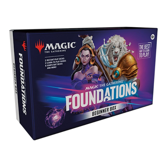 Magic: The Gathering Foundations Beginner Box contents including decks, Jumpstart packets, playmats, and life counters.