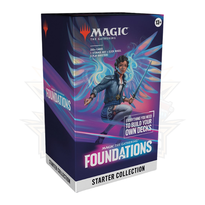 Magic: The Gathering Foundations Starter Collection box with cards, tokens, accessories, and storage case displayed.