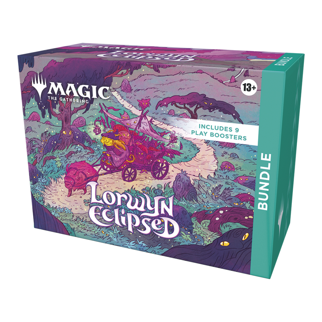 The Magic: The Gathering Lorwyn Eclipsed Bundle box featuring a split-design of the sun god Eirdu and the twilight god Isilu, alongside boosters and dice.
