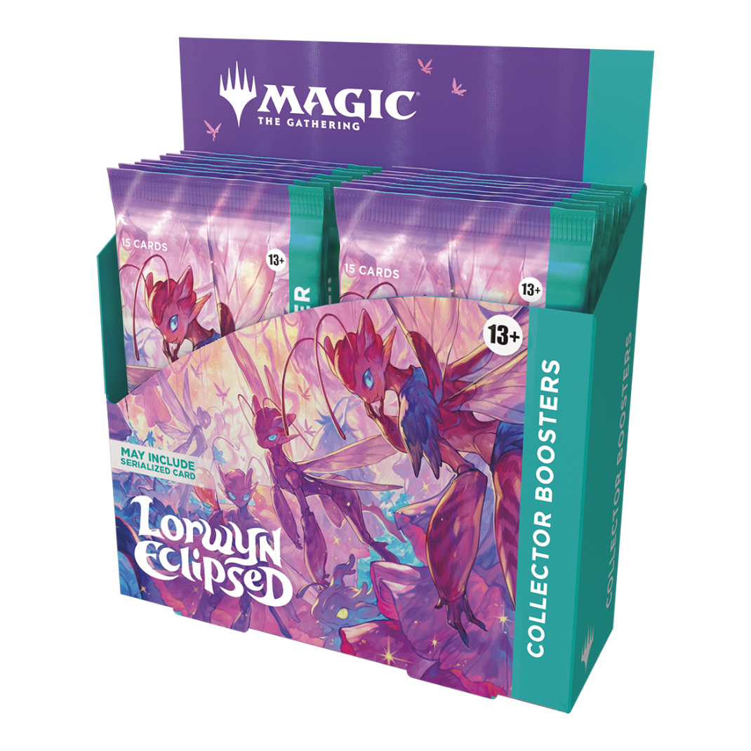 The Magic: The Gathering Lorwyn Eclipsed Collector Booster Display box, highlighting the Rebecca Guay Bitterbloom Bearer and Japan Showcase card art.