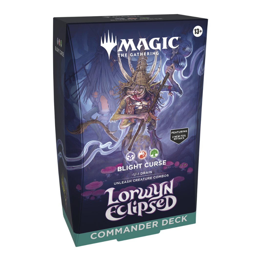 The Magic: The Gathering Lorwyn Eclipsed Blight Curse Commander Deck box, featuring the boggart Auntie Ool, Cursewretch casting a dark purple wither spell.