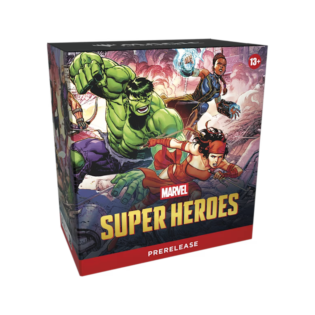 Official Magic Marvel Super Heroes Prerelease Pack box set showing comic-book styled character artwork and clean packaging contours.