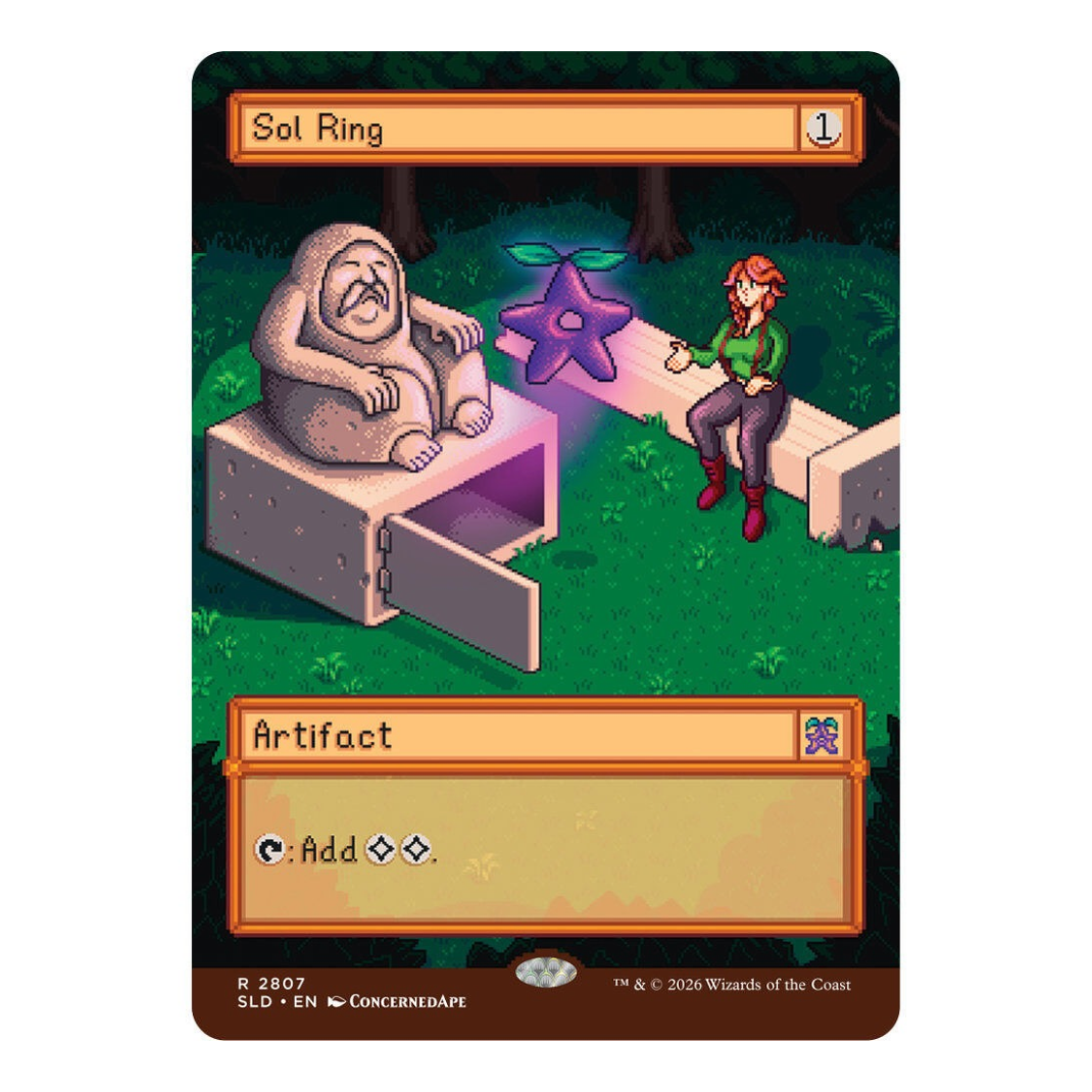 Magic: The Gathering Secret Lair x Stardew Valley Welcome to Stardew Valley non-foil, front of box with ConcernedApe pixel art Sol Ring