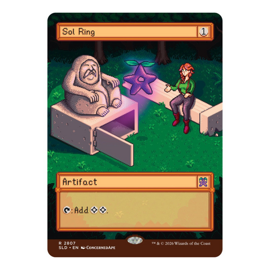 Magic: The Gathering Secret Lair x Stardew Valley Welcome to Stardew Valley non-foil, front of box with ConcernedApe pixel art Sol Ring