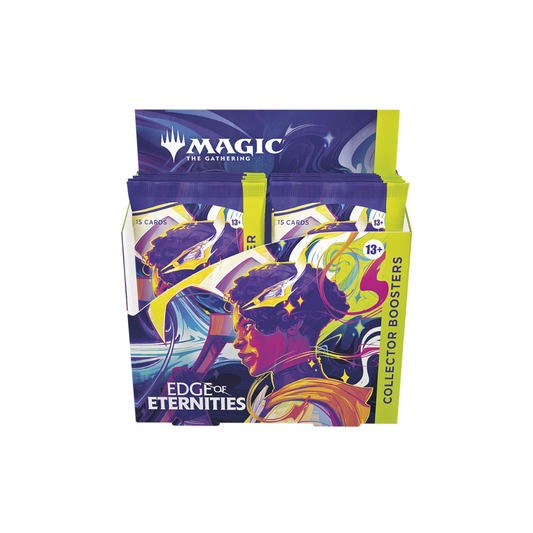 Packaging of 'Edge of Eternities' collector boosters for 'Magic: The Gathering' on a white background.