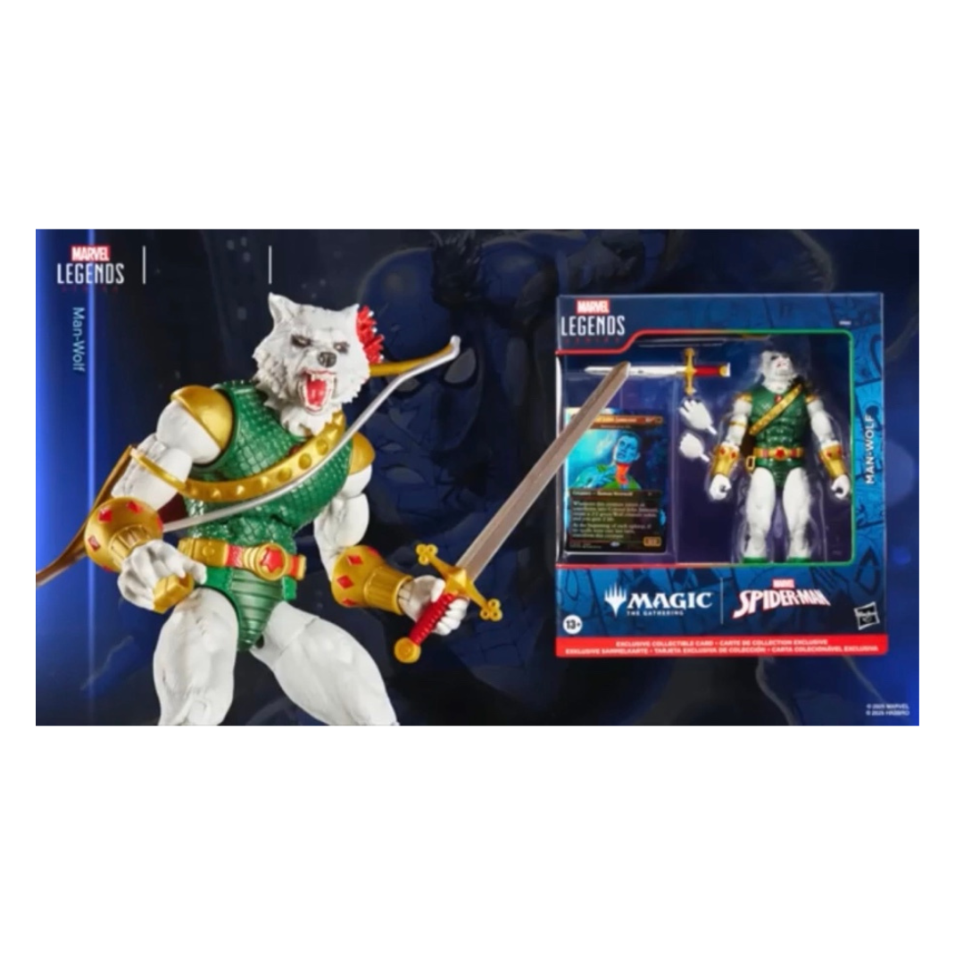 Packaged Marvel Legends Man-Wolf action figure display box, highlighting the included exclusive Magic: The Gathering promo card (Huntmaster of the Fells).