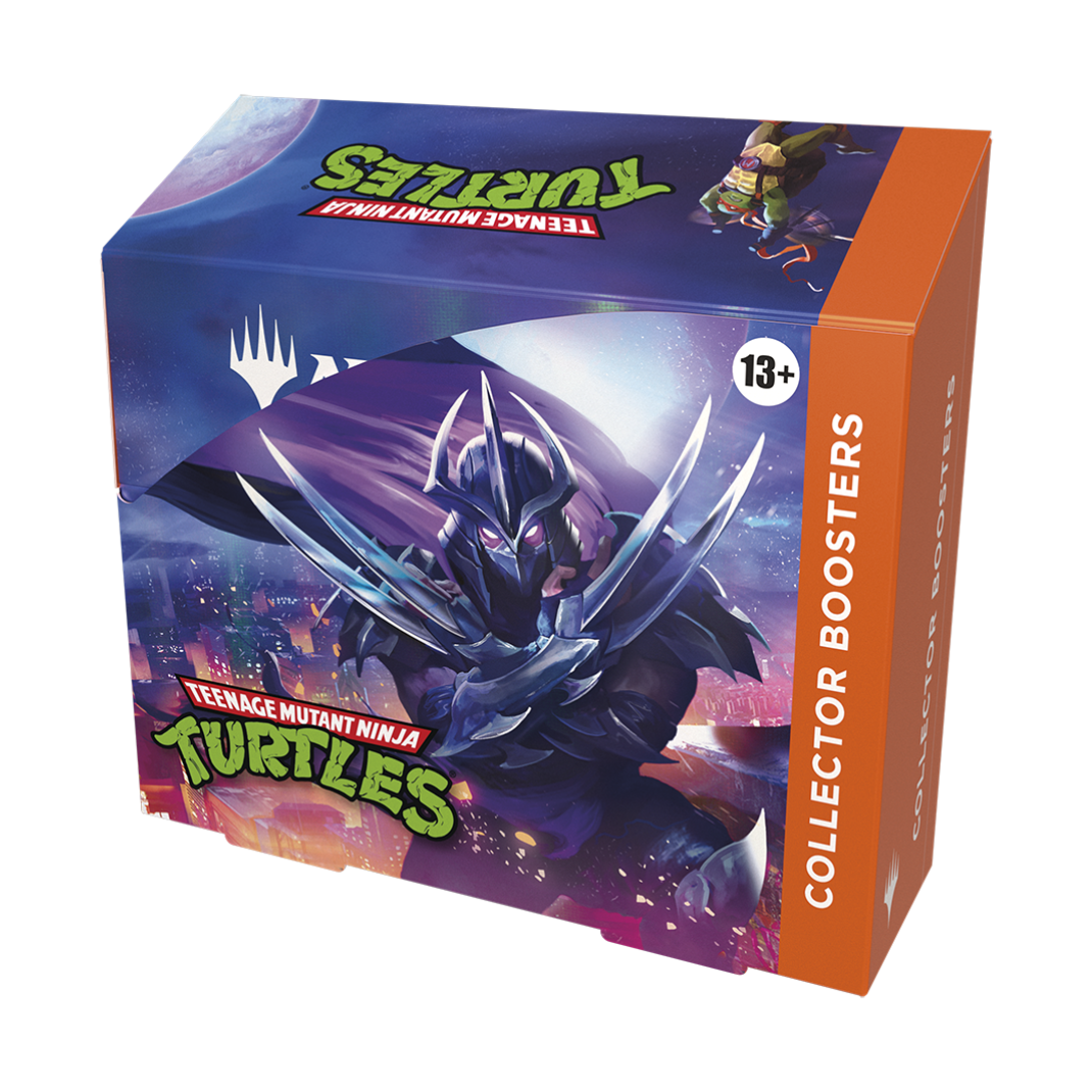 The front of the Magic: The Gathering Teenage Mutant Ninja Turtles Collector Booster Display box featuring Leonardo and the TMNT logo.