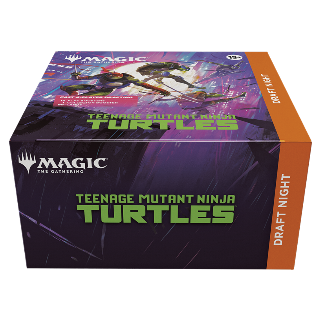 The Magic: The Gathering | Teenage Mutant Ninja Turtles Draft Night box featuring the Turtles in a comic-style action scene, highlighting the included boosters and lands.