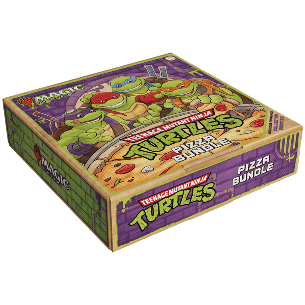 The Magic: The Gathering | Teenage Mutant Ninja Turtles Pizza Bundle packaging designed like a pizza box, showing the included boosters, oversized spindown, and pizza-topped land cards.