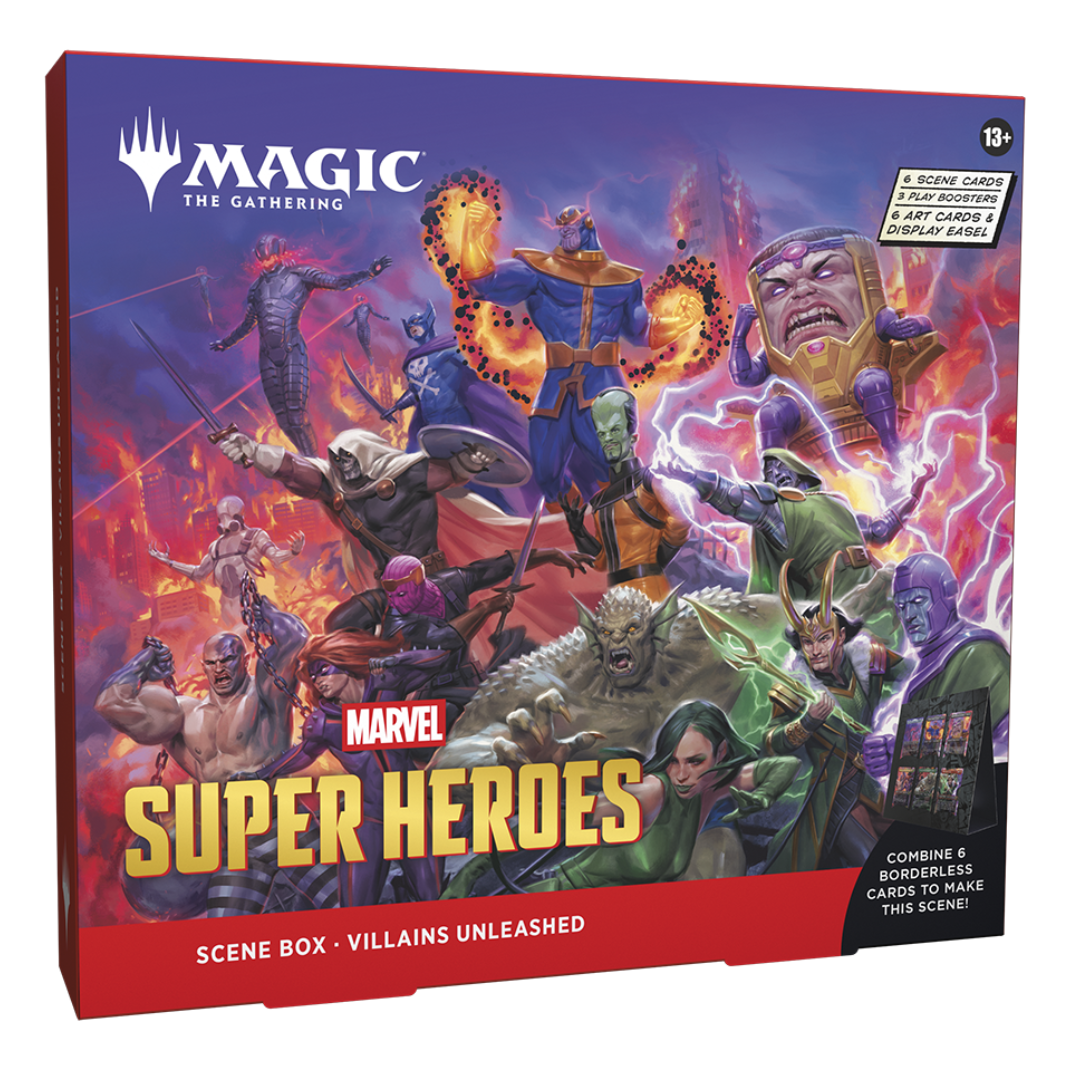 Magic The Gathering Marvel Super Heroes Scene Box Heroes United Villains Unleashed 6 foil borderless scene cards art display easel 3 Play Boosters - Hobby Collectors Australia