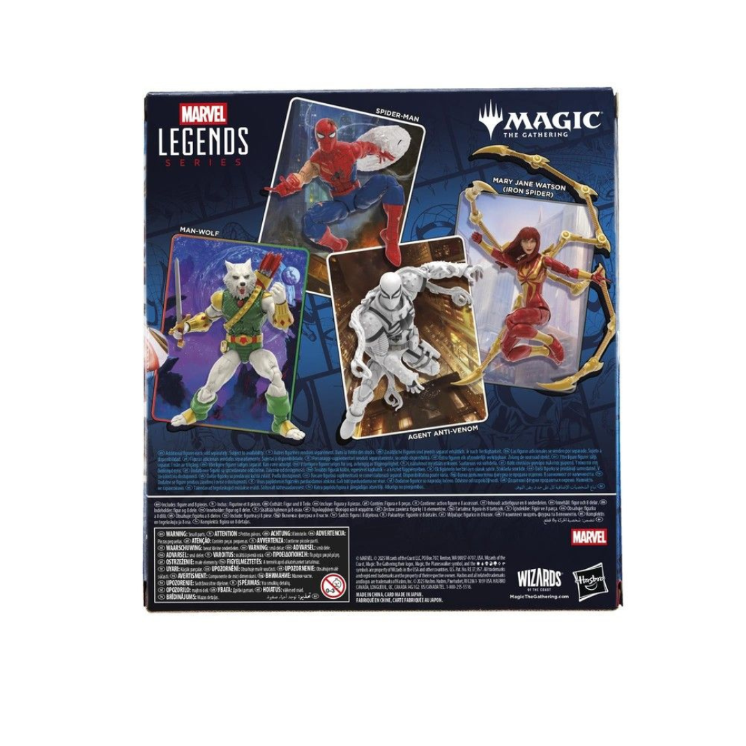 Marvel Legends and Magic: The Gathering action figure packaging with character images on a blue background.
