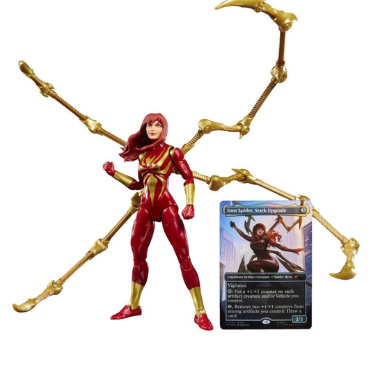 Magic the Gathering Spider-Man Legends Iron Spider action figure with Magic Card front view