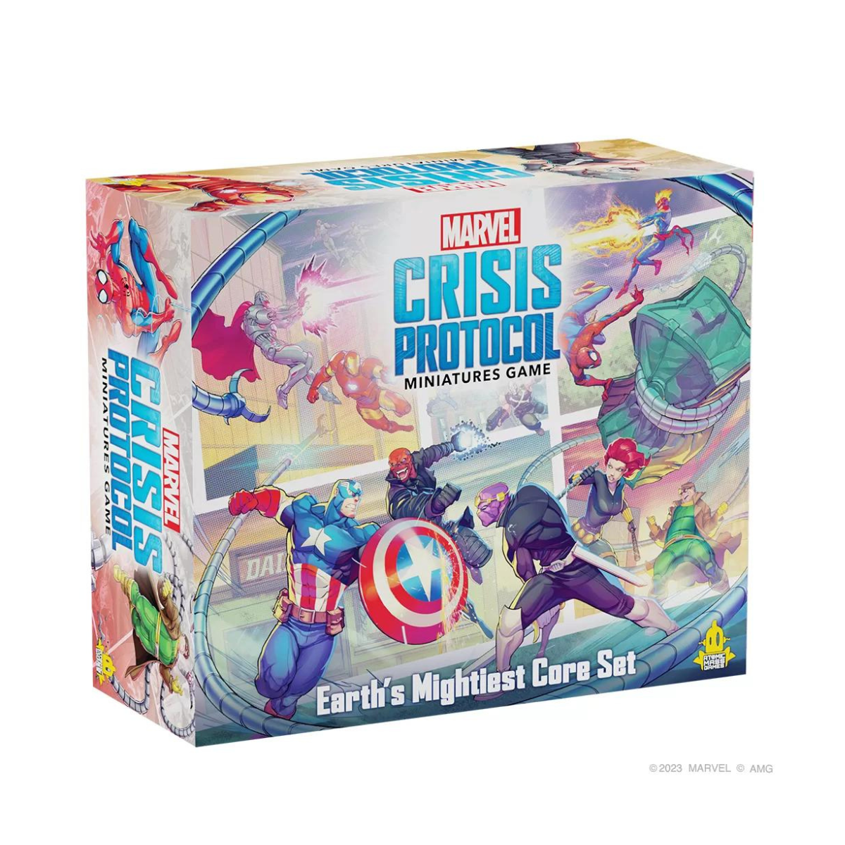 Marvel Crisis Protocol Earth's Mightiest Core Set board game box with comic heroes in action poses