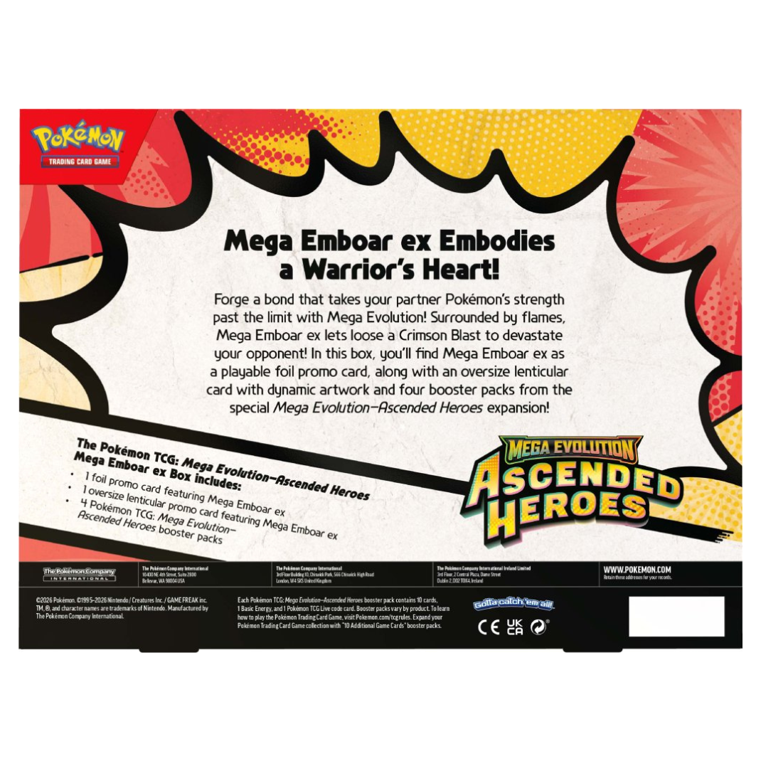 Pokémon TCG Mega Evolution Ascended Heroes ex Box featuring Mega Meganium, Mega Emboar, and Mega Feraligatr promotional packaging.