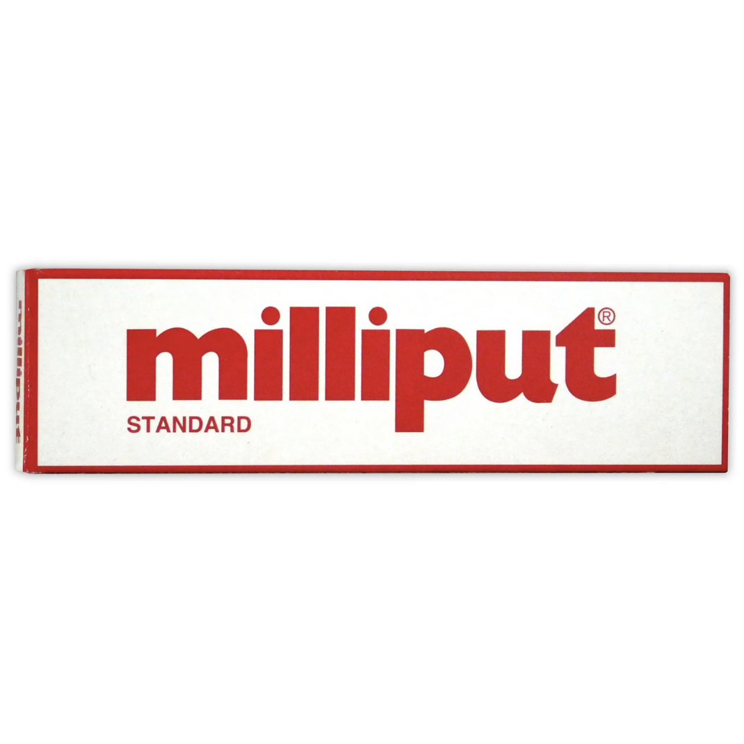 A 113g box of Standard Milliput Yellow-Grey epoxy putty showing the two separate sticks for hobby sculpting and repair.