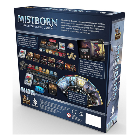 Box art for Mistborn: The Deckbuilding Game featuring the Final Empire and iconic Mistborn symbols.