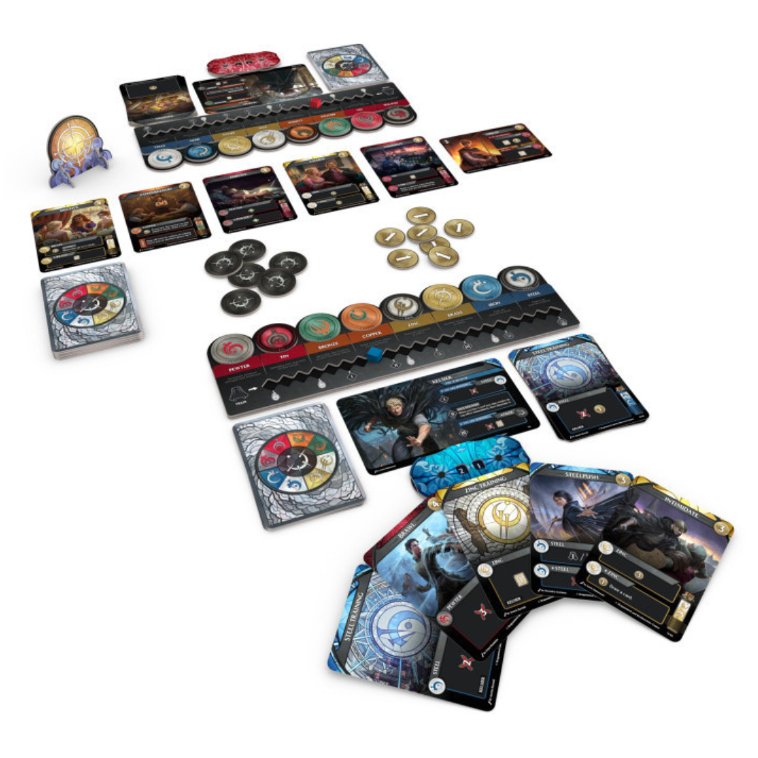 Box art for Mistborn: The Deckbuilding Game featuring the Final Empire and iconic Mistborn symbols.