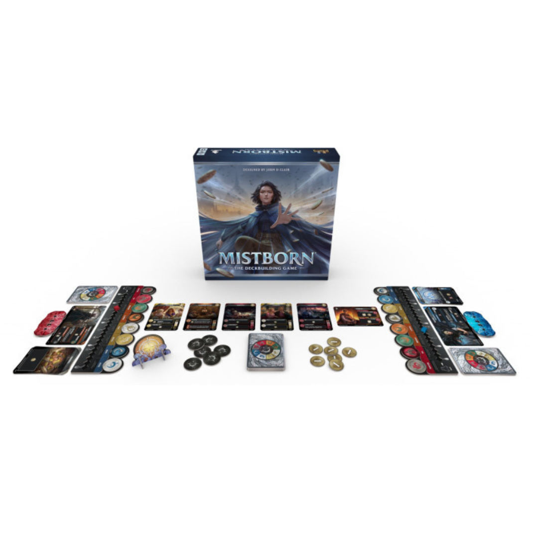 Board game set with 'Mistborn' box and components on a white background