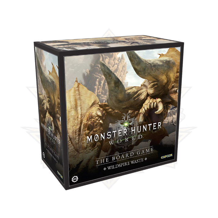 Monster Hunter World Wildspire Waste board game box featuring a large horned monster