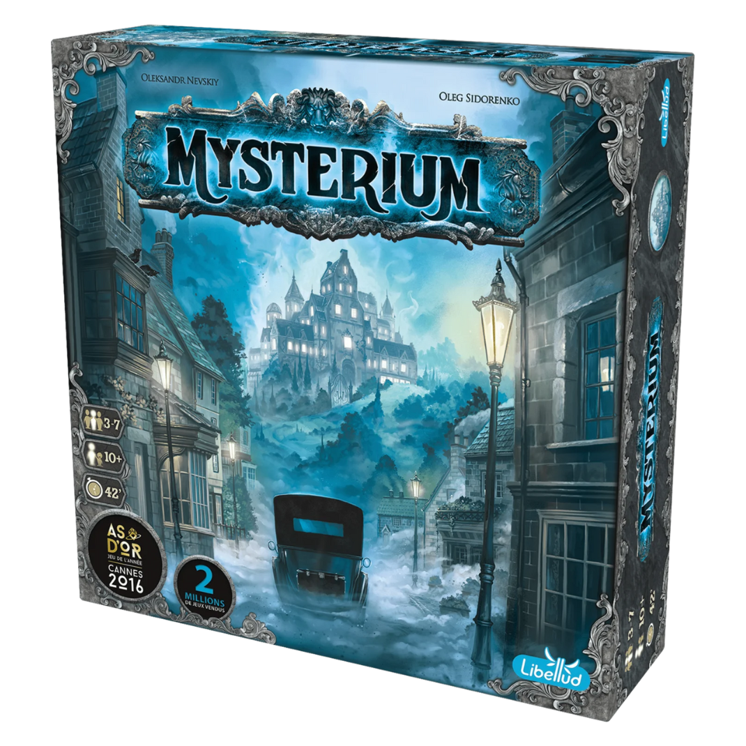 Box art for Mysterium Refresh (10th Anniversary Edition), featuring a group of mediums outside a haunted manor with a ghostly silhouette, indicating a cooperative mystery board game.