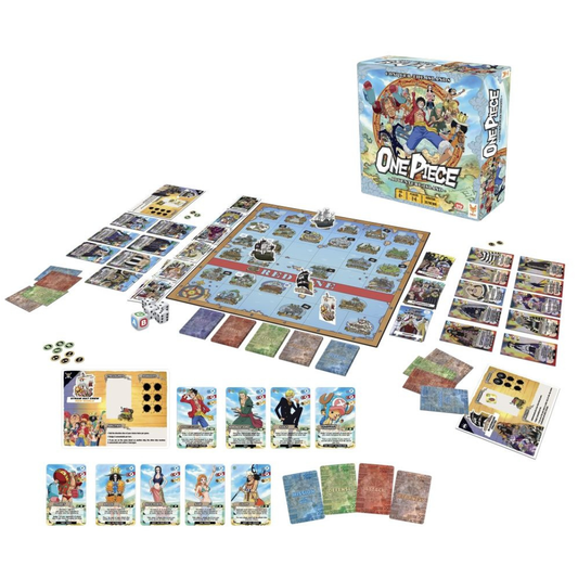 Box art and components for the One Piece: Adventure Island board game, featuring Luffy and the Straw Hat Pirates, a map, and character cards for a co-operative or competitive game experience.