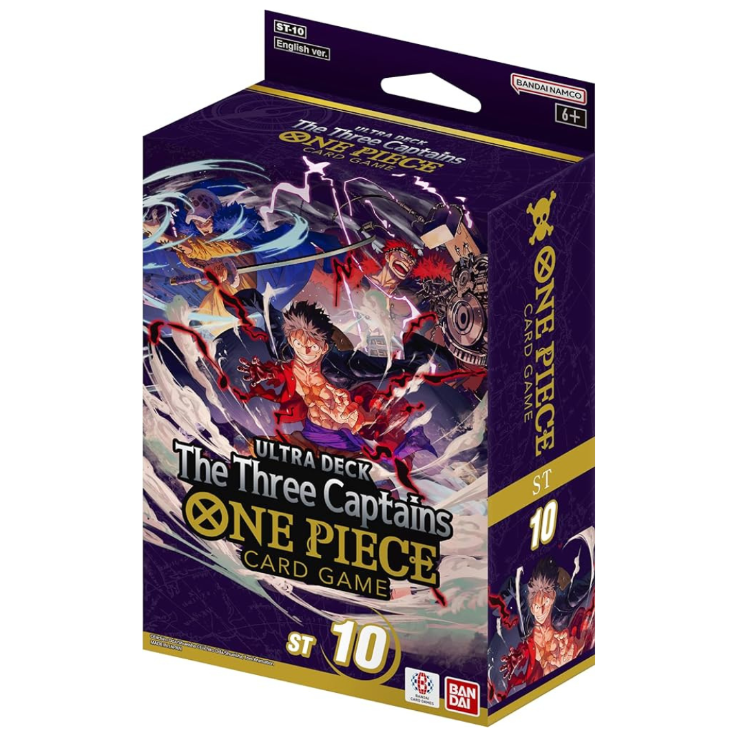 One Piece Card Game ST-10 – The Three Captains Ultra Deck Display featuring Luffy, Law, and Kid