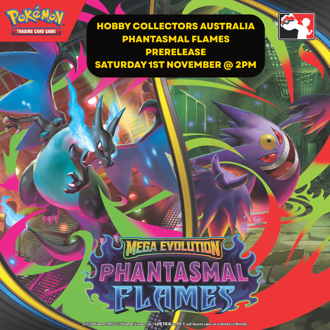 Pokémon TCG Phantasmal Flames Prerelease Event at Hobby Collectors Australia – Build & Battle Box, booster packs, promo cards, Saturday 1st November 2025.