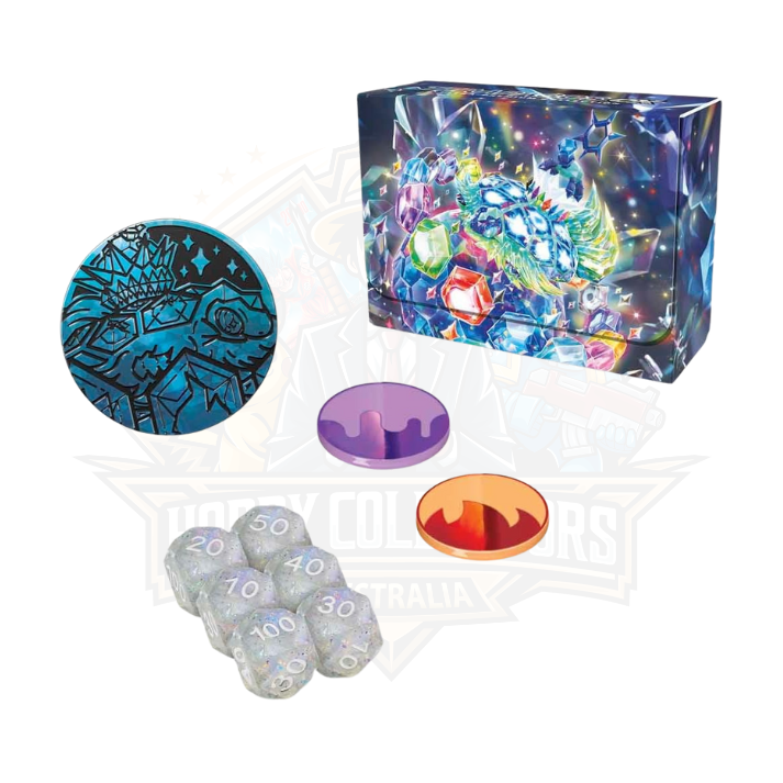 Pokemon trading card game premium collection box with dice, markers, and a large blue coin
