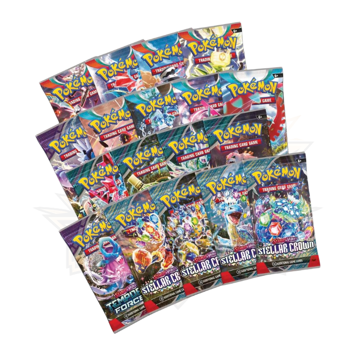 Assorted Pokémon TCG booster packs, including Stellar Crown and Temporal Forces designs