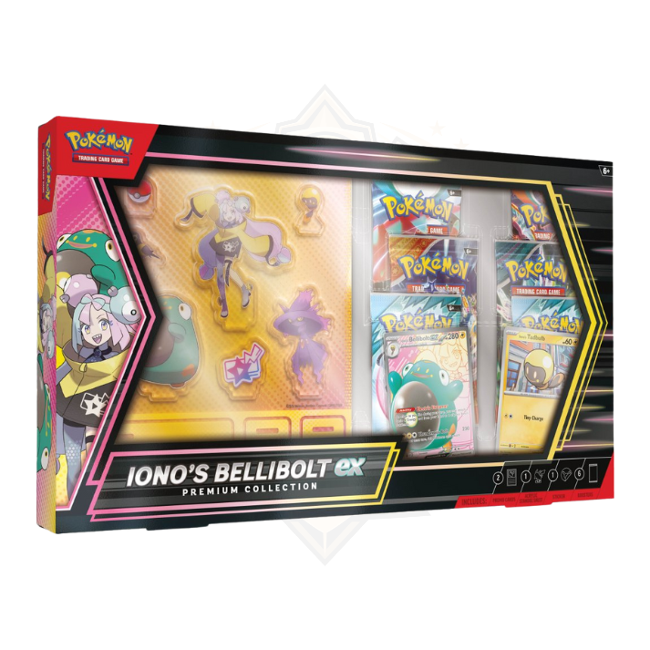 Iono's Bellibolt ex Premium Collection box featuring Pokémon trading cards and accessories