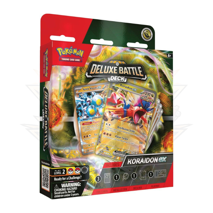 Deluxe Battle Deck Koraidon ex Pokémon TCG box featuring trading cards and game accessories