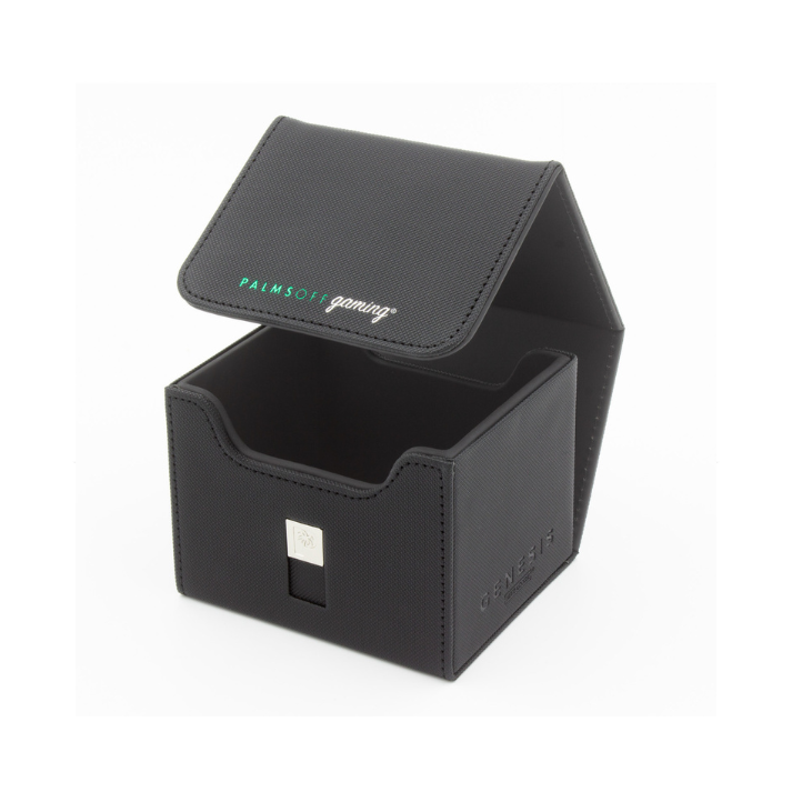 Black trading card deck box with textured finish and magnetic lid, open and empty