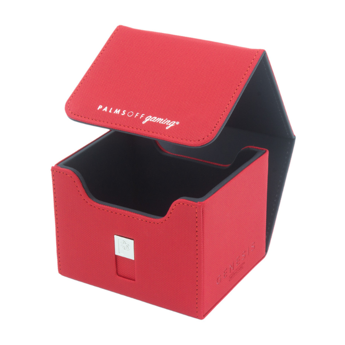 Palms Off Gaming Genesis Deck Box in Red, showcasing its durable design and magnetic lid closure