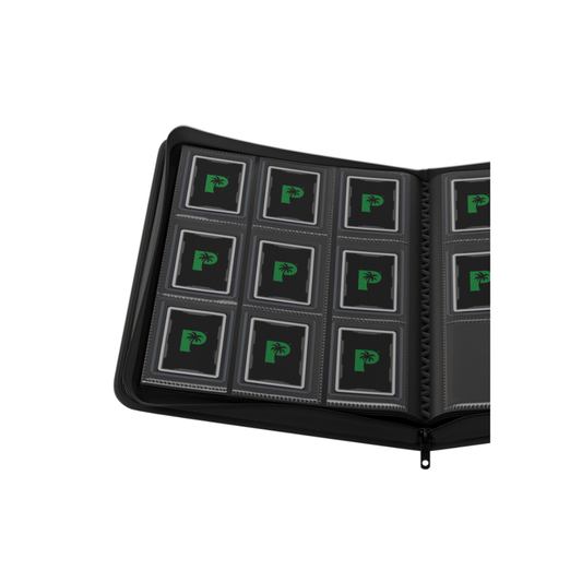 The Palms Off Gaming Collector's Series 9-Pocket Top Loader Zip Binder in Black, shown with its premium microfibre drawstring bag and a peek at the velvet interior.