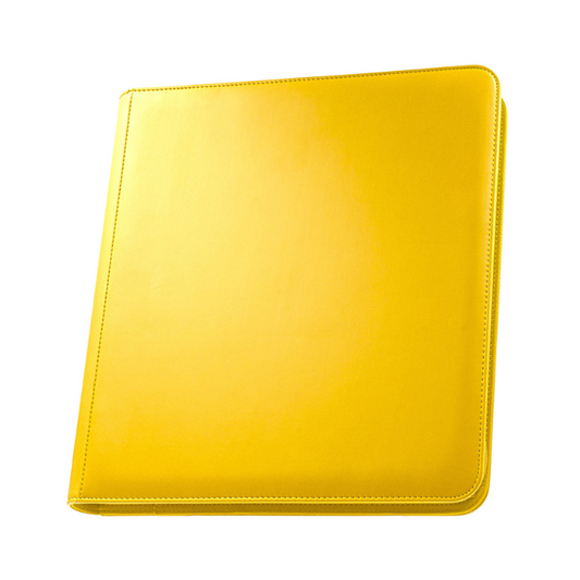 The Palms Off Gaming Stealth 12-Pocket Zip Binder in Yellow, showing its smooth, logo-free exterior and high-quality steel zipper.