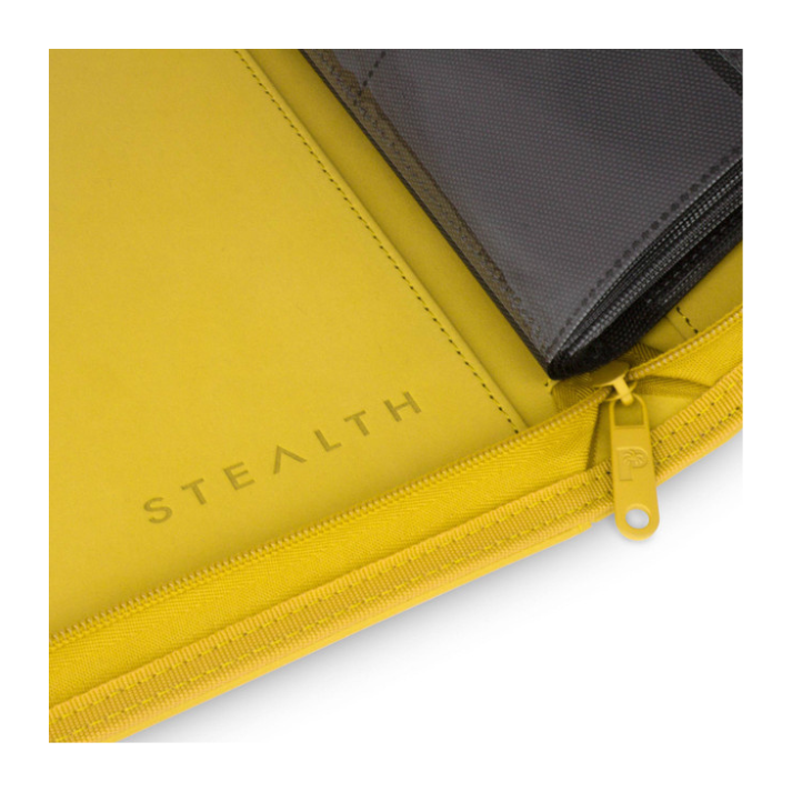 Yellow zippered case with a black wallet inside, featuring the brand 'Stealth'.