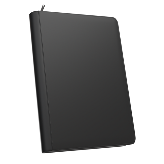 The Palms Off Gaming Stealth 9-Pocket Zip Binder in Black, showing its smooth, logo-free water-resistant exterior and steel zipper.