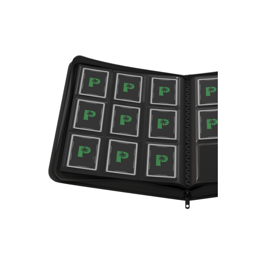 The Palms Off Gaming Stealth 9-Pocket Zip Binder in Black, showing its smooth, logo-free water-resistant exterior and steel zipper.