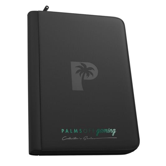 Palms Off Gaming - Collector's Series - 9 Pocket Zip Trading Card Binder closed, highlighting its textured PU leather cover and steel zipper perimeter. - Black